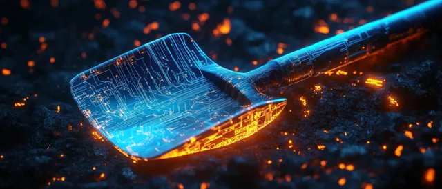 A neon cyberpunk shovel with glowing circuitry cuts through floating data particles against a dark background.
