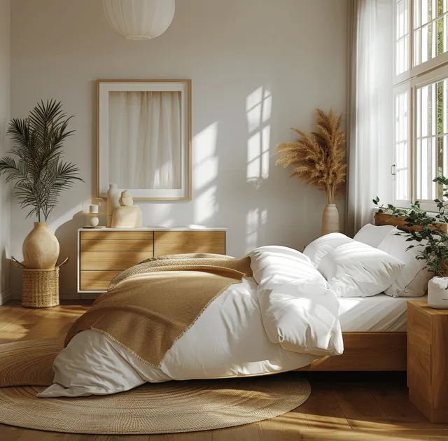White bed and wooden sideboard in a bright coastal bedroom with sunlit curtains and natural decor plants.
