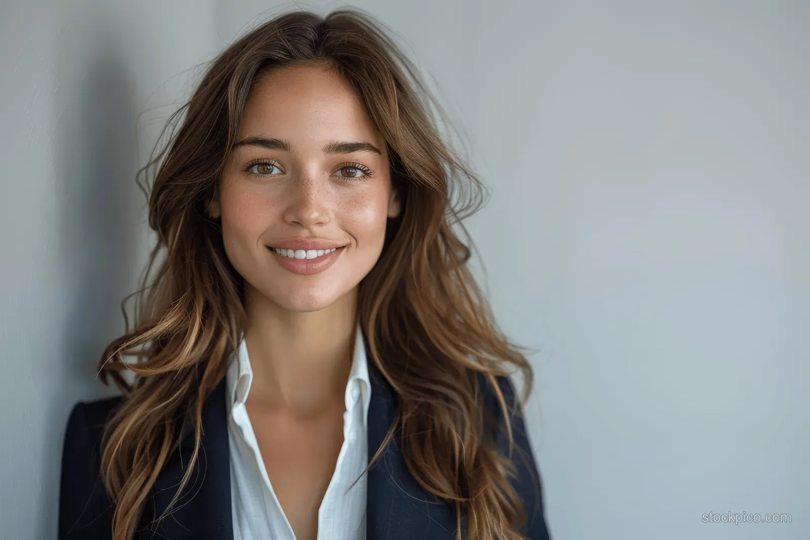 Smiling brunette businesswoman in a suit stands in a bright studio against a clean white background while facing the camera.