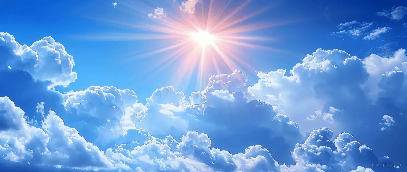 Sun shines through bright white clouds in a vivid blue summer sky with visible sun rays.