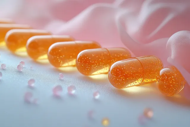 Yellow vitamin capsules spilling on glossy white surface with soft pink light