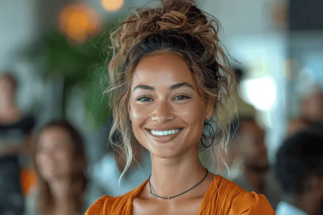 Smiling young woman with curly hair bun wearing an orange top indoors in warm light