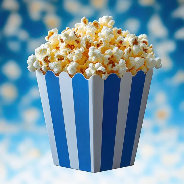 Close-up blue striped popcorn bucket brimming with freshly popped kernels on blurred blue backdrop