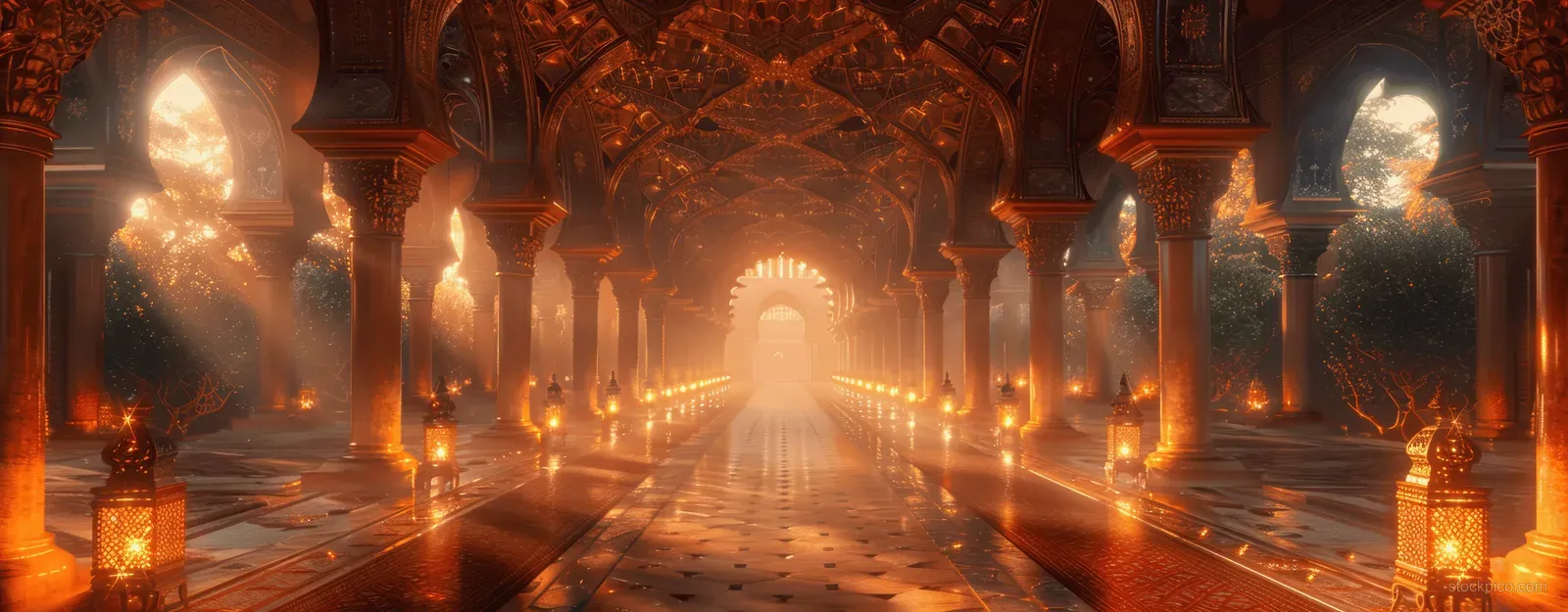A lantern-lit Arabian palace corridor with arched columns leading to a glowing pool at night.