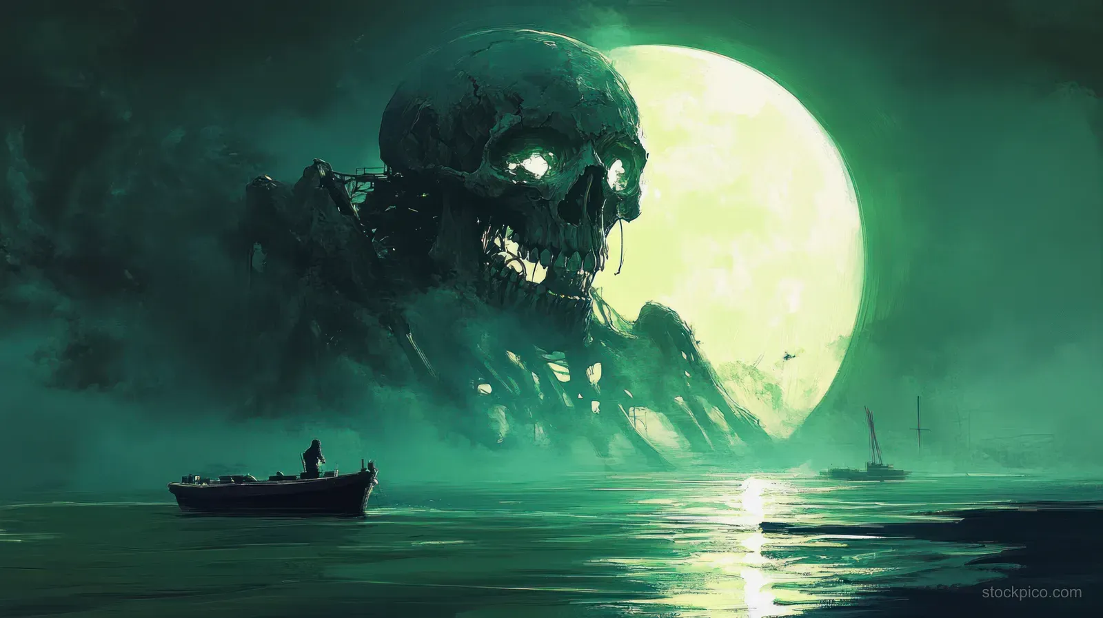 A giant skeletal skull guardian rises from green swamp water while a small boat floats under a bright moon.