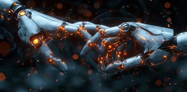 Robot arm and human hand touching a glowing holographic planet with AI network links