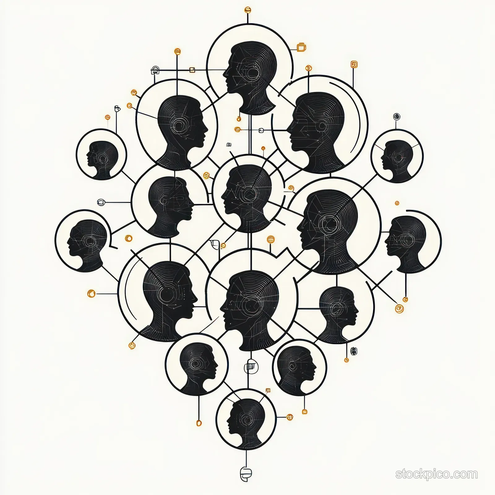 Black head silhouettes are connected by circuit lines and circular nodes in an abstract network diagram.