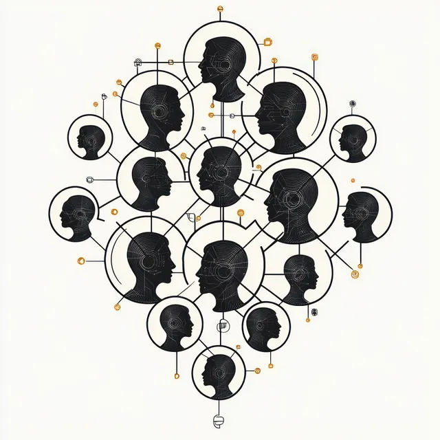 Black head silhouettes are connected by circuit lines and circular nodes in an abstract network diagram.