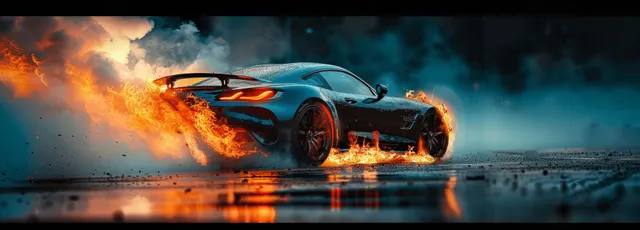 Blue sports car drifting on a racing track with orange flames and thick gray smoke in cinematic lighting.
