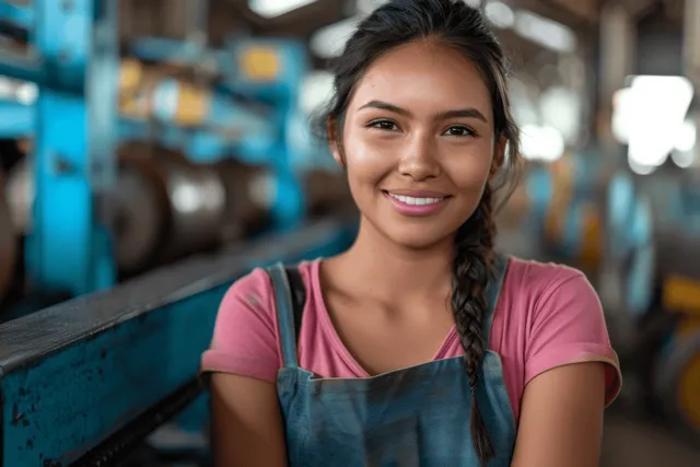Young woman smiling in workshop, pink shirt, denim apron, standing beside blue machinery
