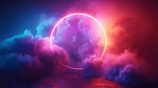 Neon light ring glows around a glowing planet in smoky dark space clouds