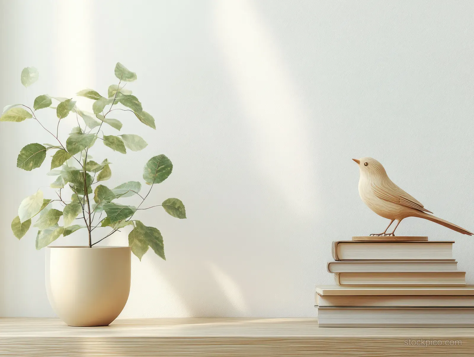 A wooden bird sits on stacked books beside a potted green plant on a minimalist shelf.
