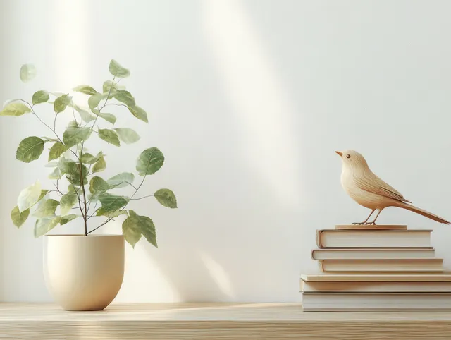 A wooden bird sits on stacked books beside a potted green plant on a minimalist shelf.