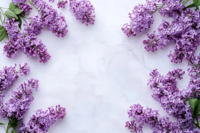 Purple lilac flower clusters form a circular wreath on light marble, softly lit