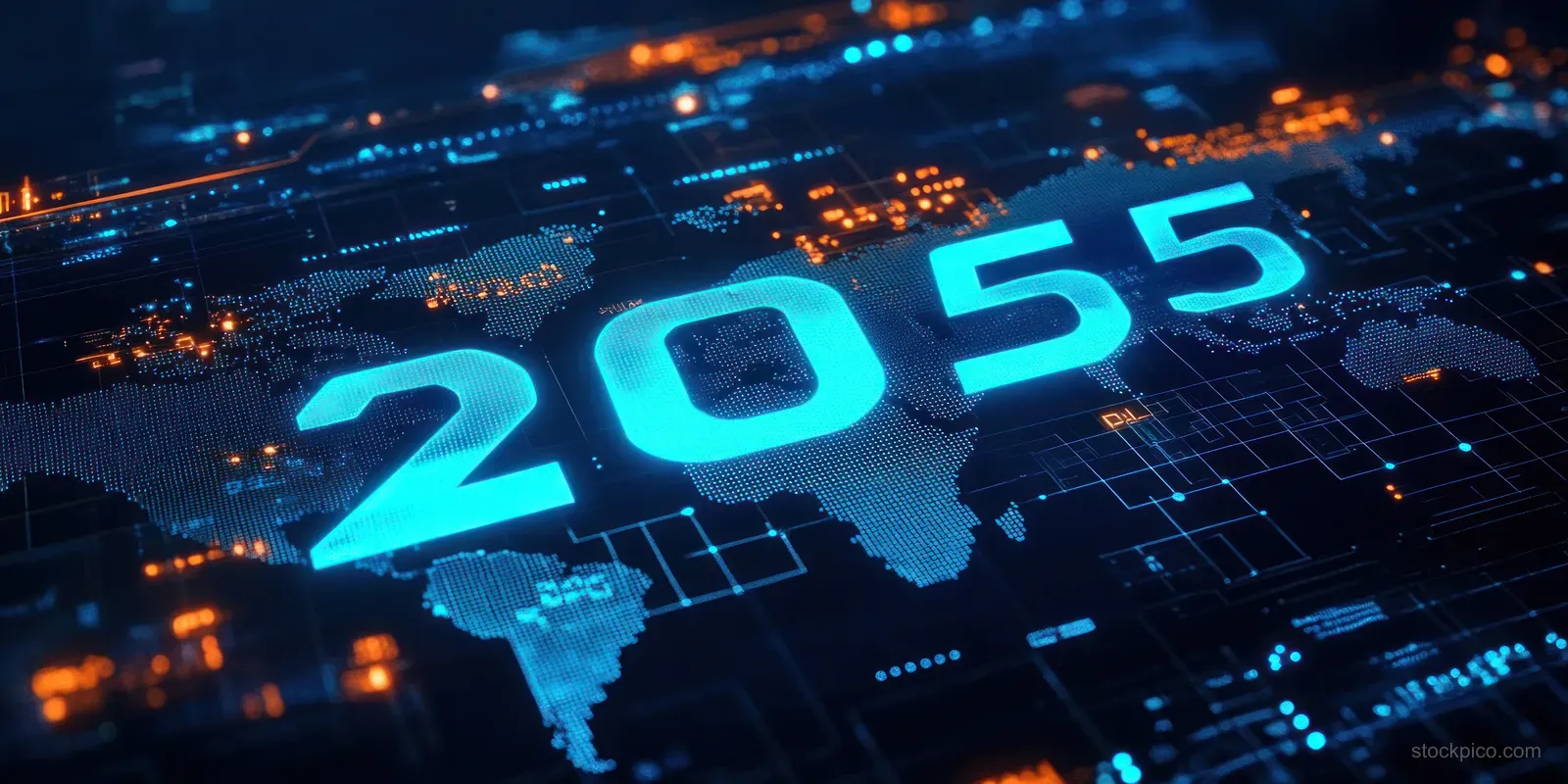 Neon blue 2025 digits hover over a futuristic world map with glowing network grids and points.