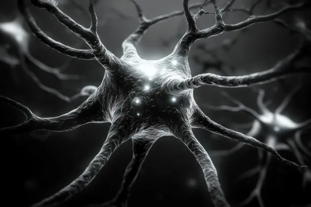 Glowing neuron branches with bright synapse points spread across a dark abstract background.