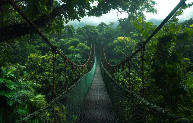 Suspension bridge path disappears into misty tropical rainforest under dense green tree canopy.