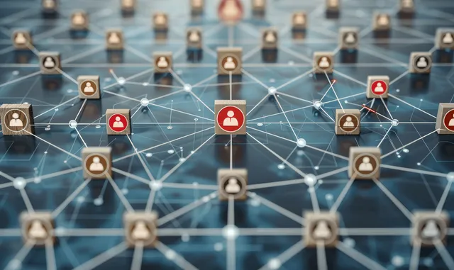 Digital network of connected human icons with a red target arrow and leadership chart lines over a corporate grid background.