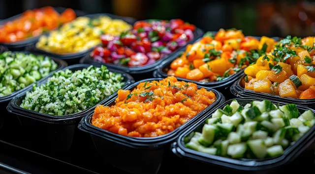 Colorful meal prep containers with salads, rice, and curries arranged for delivery