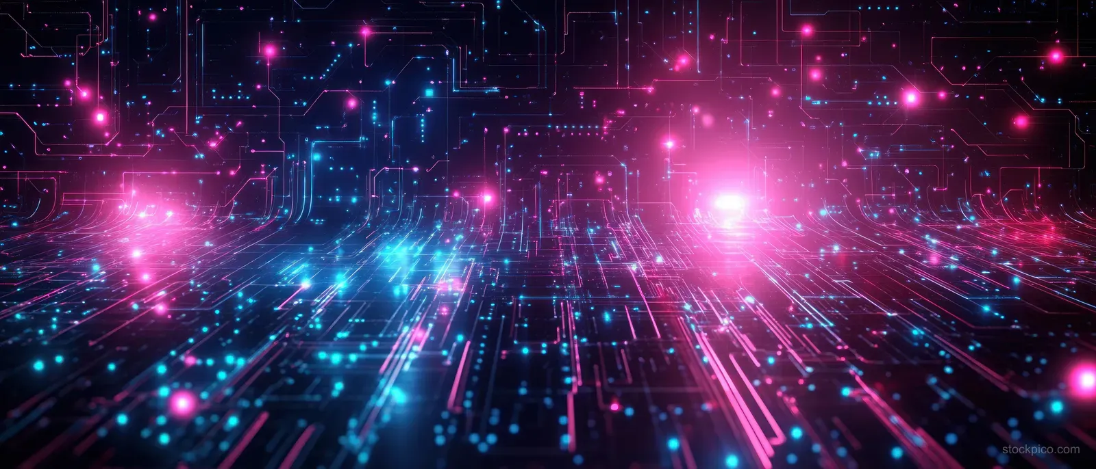 Abstract glowing circuit network with blue and pink neon light paths across a dark digital grid.