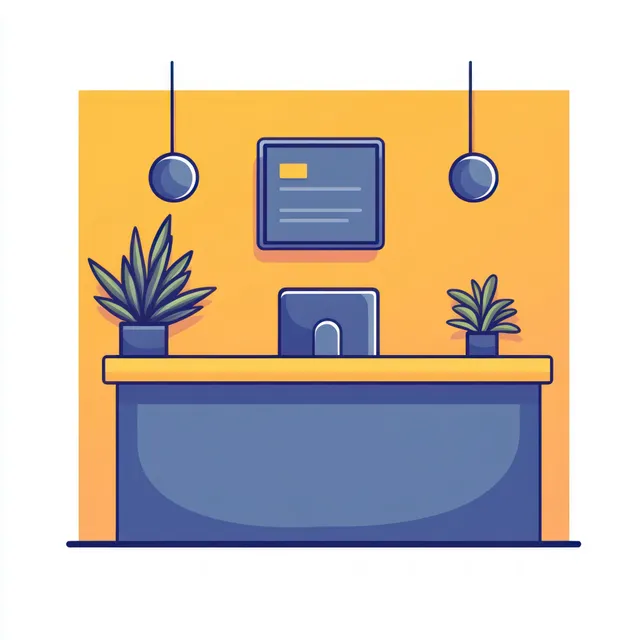 Modern reception desk with computer monitor, two potted plants, hanging spherical lights, and a framed board against a warm orange wall.