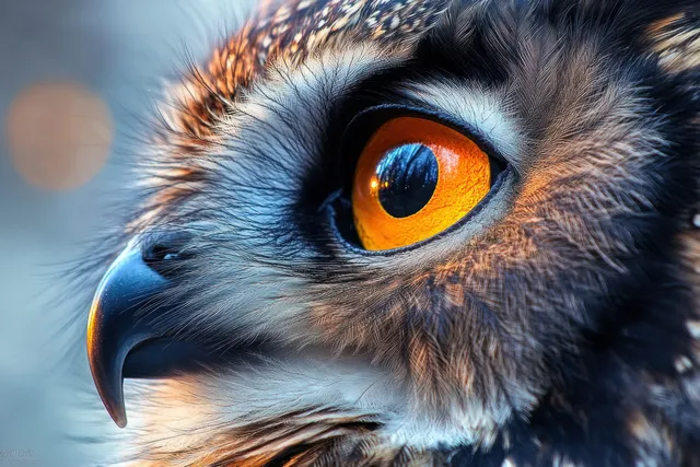 Great spotted owl close-up with vivid orange eye showing detailed feathers in natural light