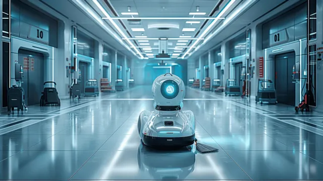 A futuristic cleaning robot rolls through a bright hospital corridor with glowing sensors and clean reflective floors.