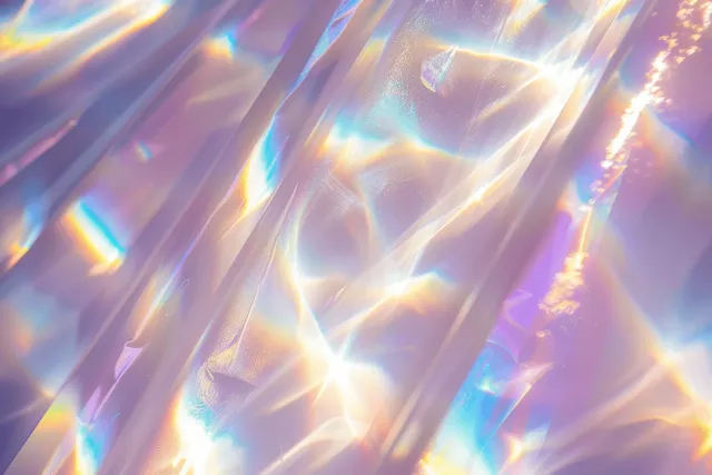 Prism light refracting into iridescent rainbow rays across a glittery abstract background