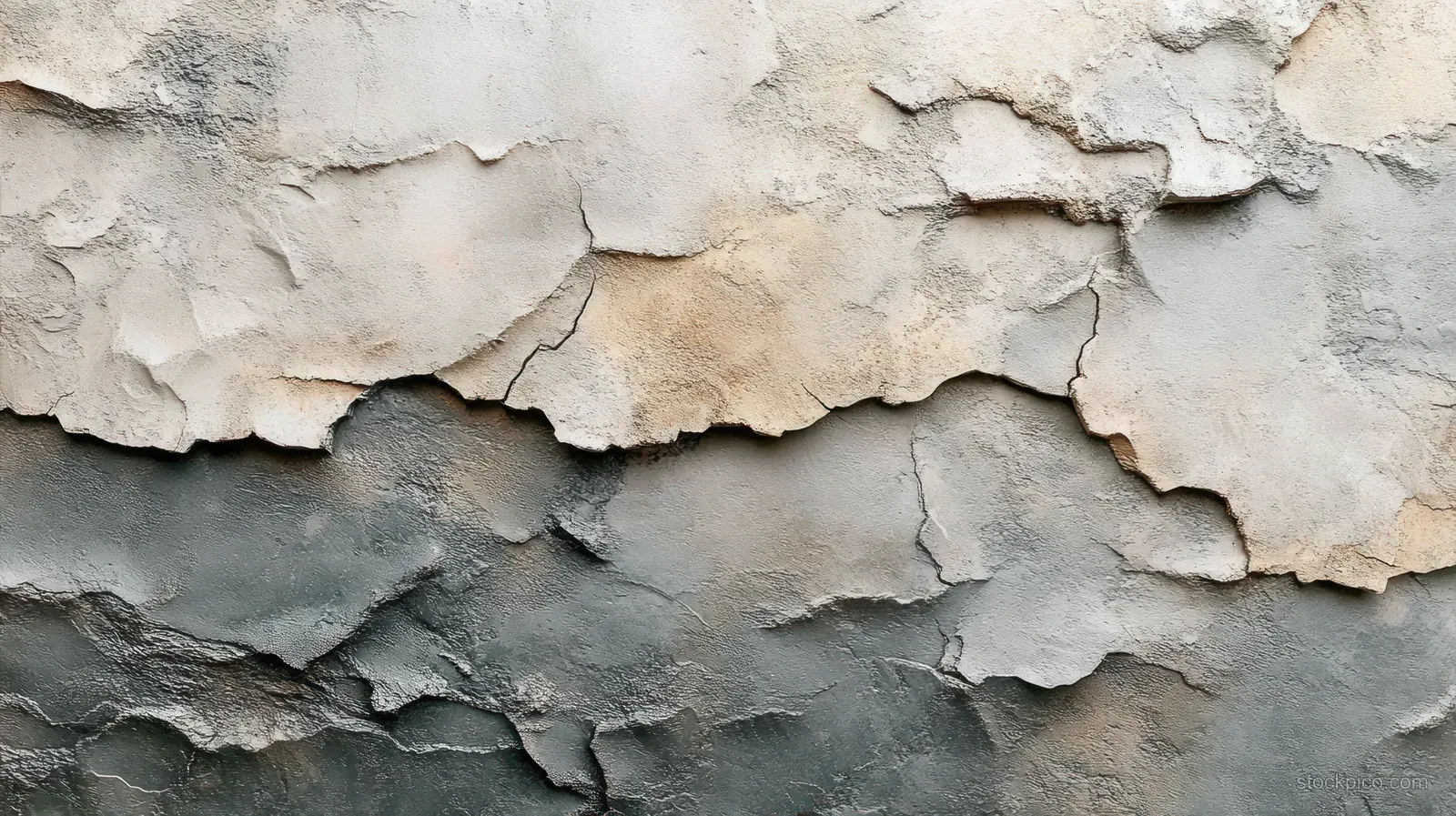 Cracked concrete wall with peeling layers showing rough gray surfaces and weathered damage close-up.