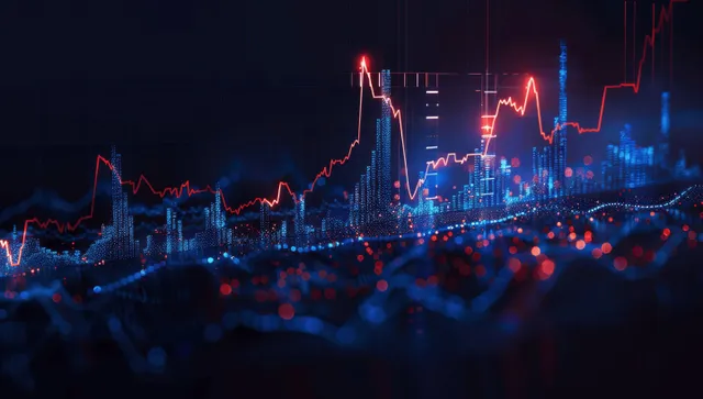 Neon trading charts and candlestick graphs over digital city lights at night
