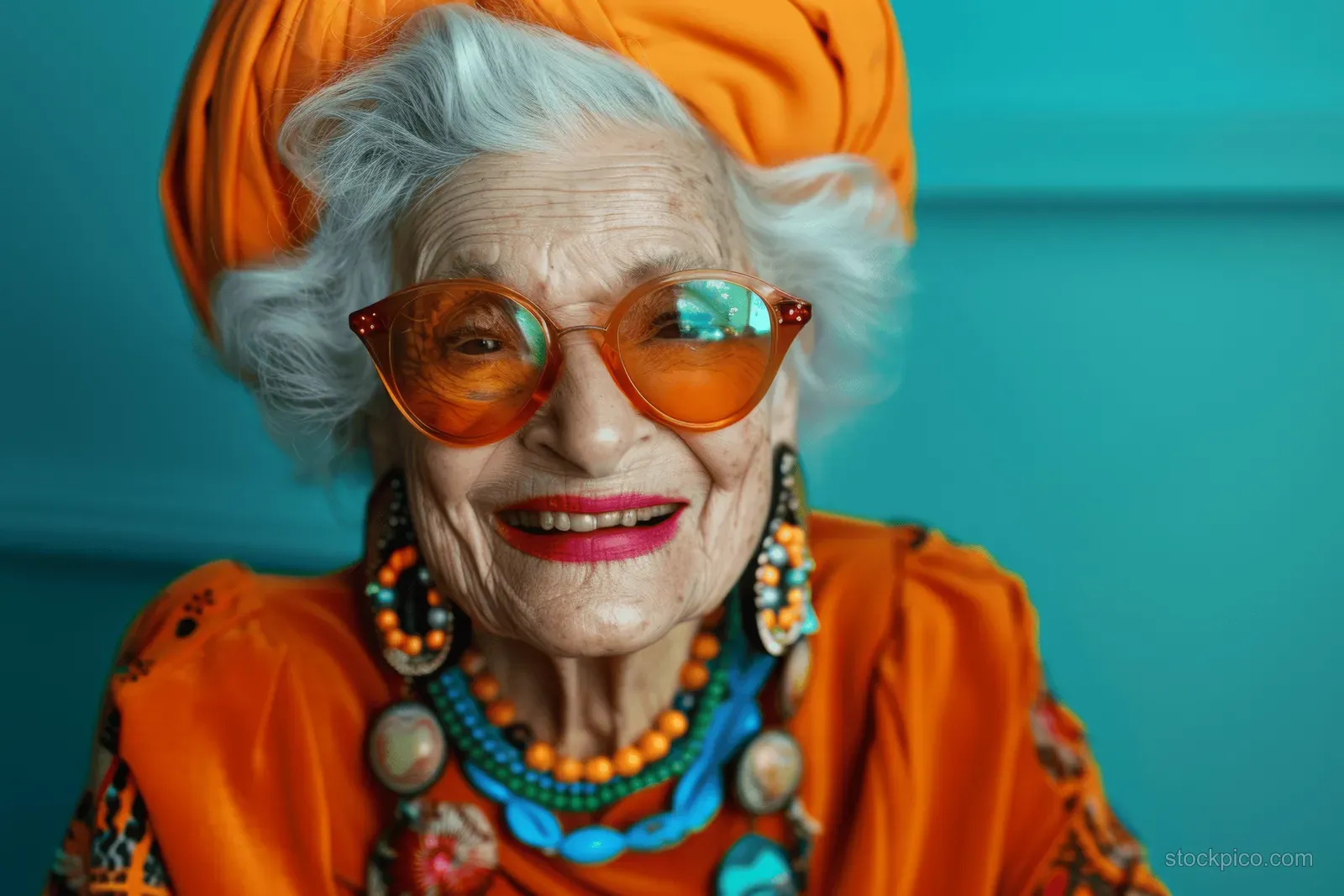 Smiling senior woman in neon orange outfit with funny sunglasses and beaded necklace isolated on turquoise background.