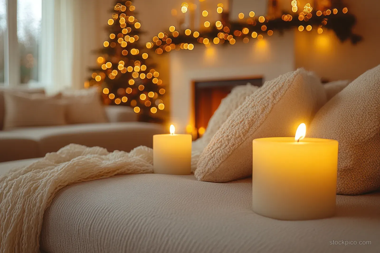 Soft Christmas pillows and glowing candles rest on a couch in a warm decorated living room.