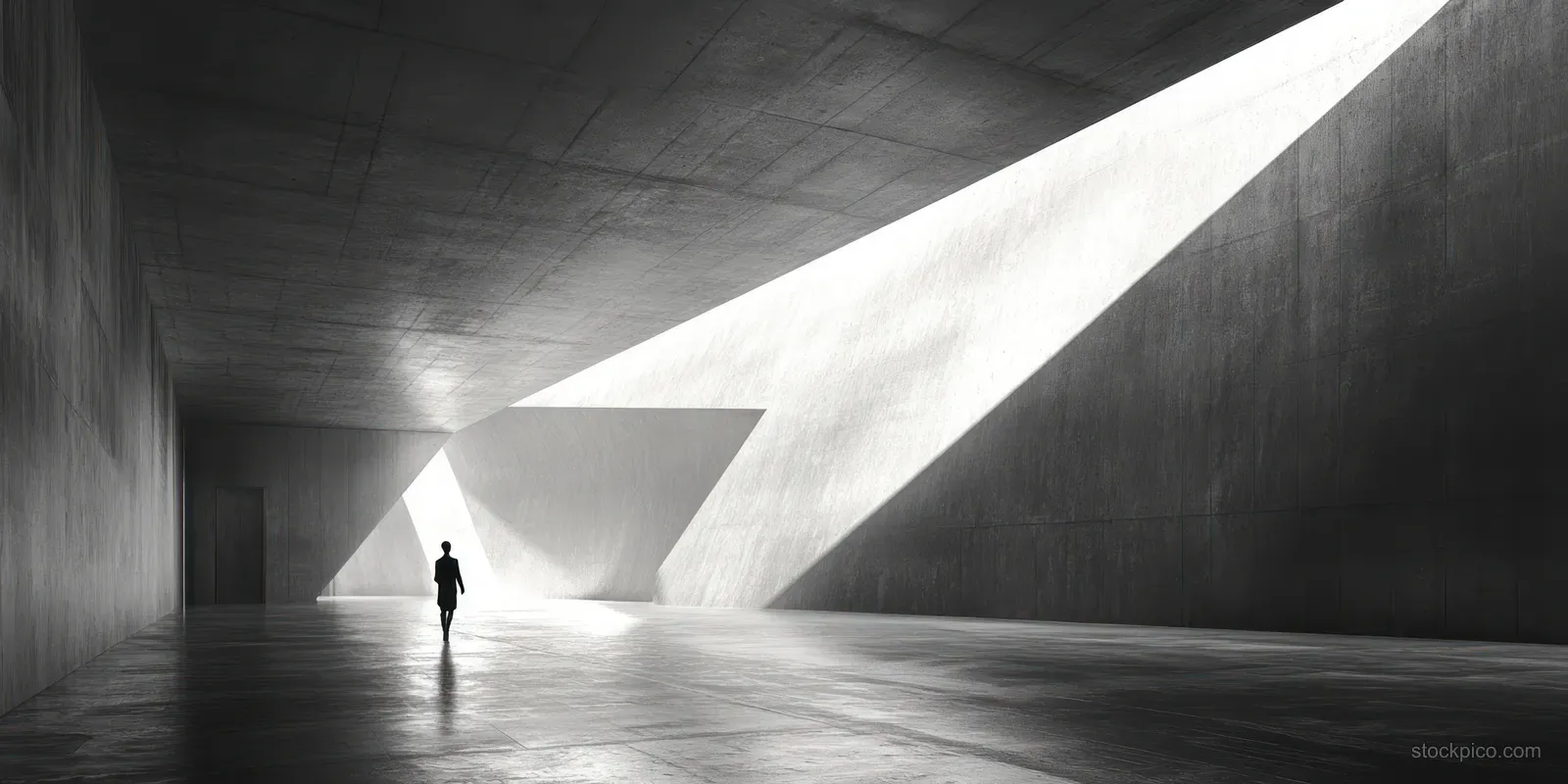 A solitary figure walks through an angular concrete interior with bright backlit openings and long shadows on the floor.