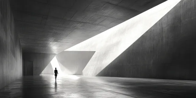 A solitary figure walks through an angular concrete interior with bright backlit openings and long shadows on the floor.