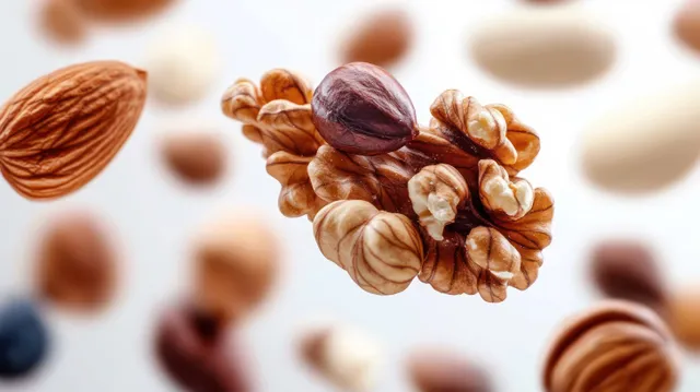 Walnut, almond, and hazelnut pieces float in soft warm light with sharp texture details.