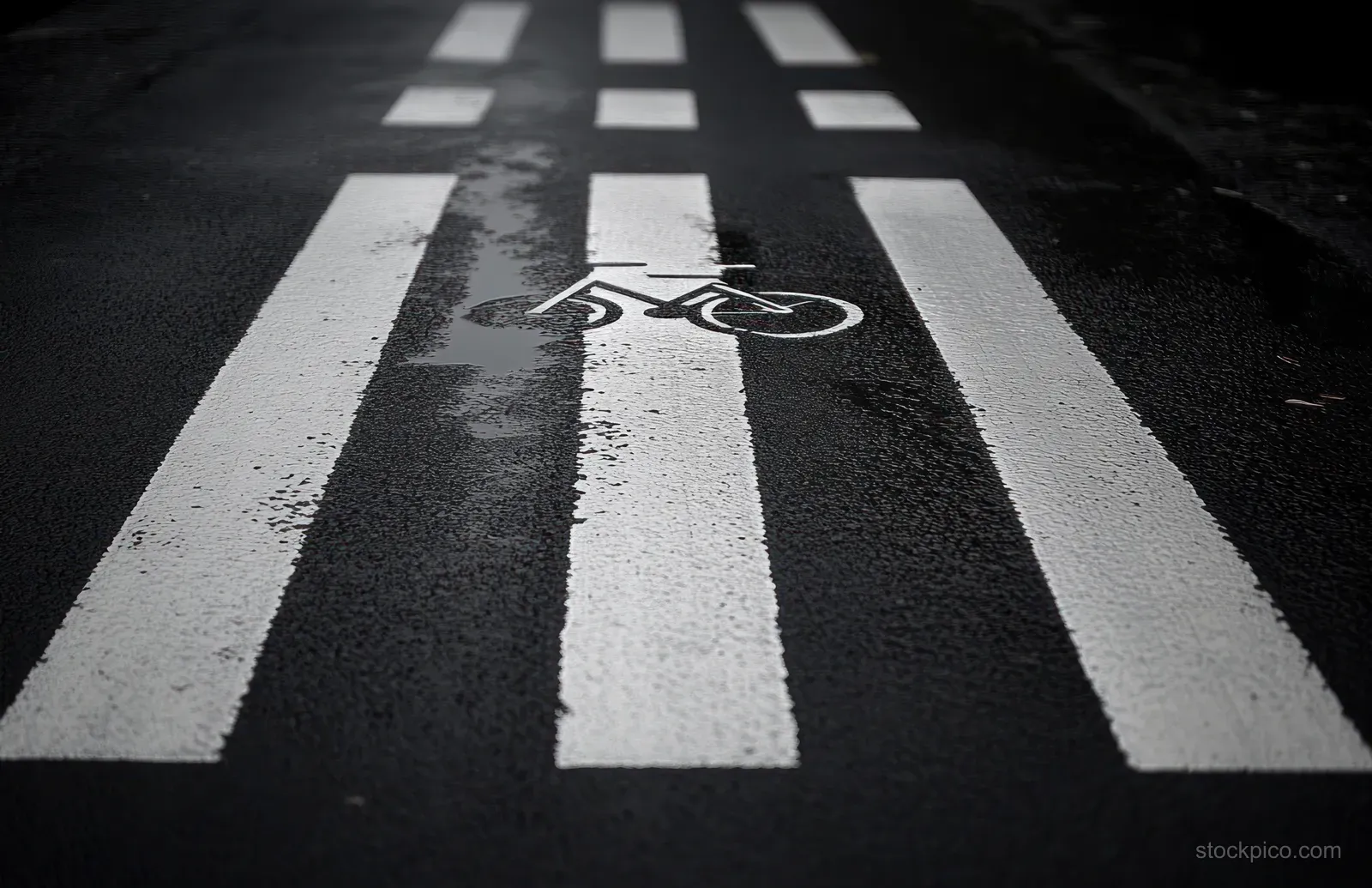 Wet asphalt crosswalk close-up with white stripes and a bicycle lane symbol reflecting light.