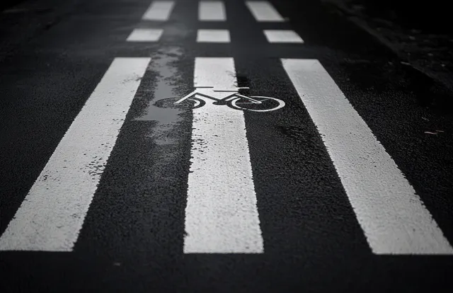 Wet street crosswalk with bicycle lane marking and white stripes in close-up view with Rainy Weather Surfaces