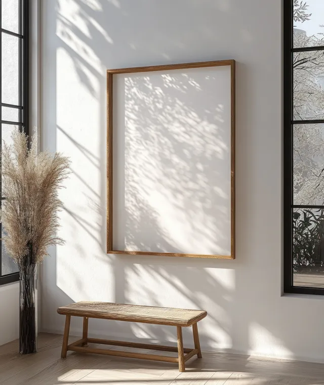 Minimalist wooden picture frame on a white wall with sunlight shadows and an empty bench beneath.