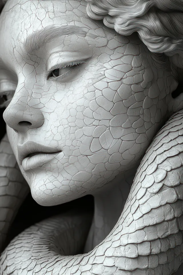 Close-up portrait of a serene stone-textured woman with eyes closed and a scaled serpent around her neck.