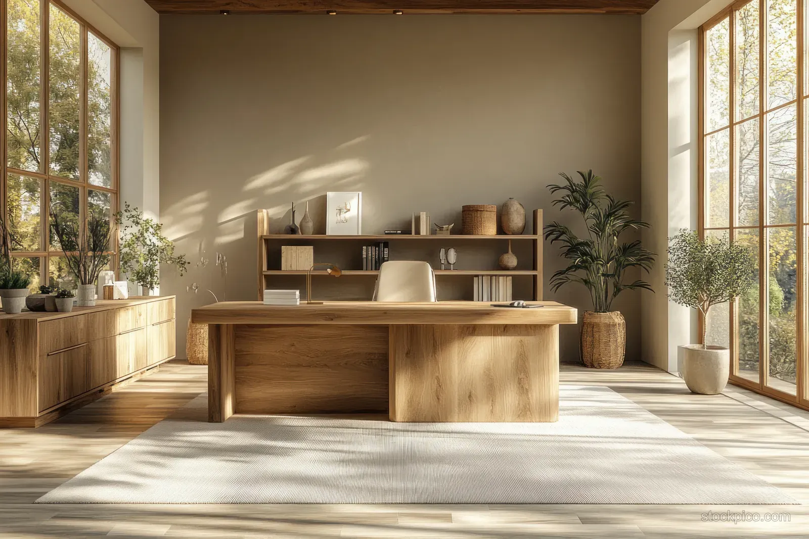 Minimal office interior with a blank poster mockup on a white wall illuminated by sunlight from large windows.