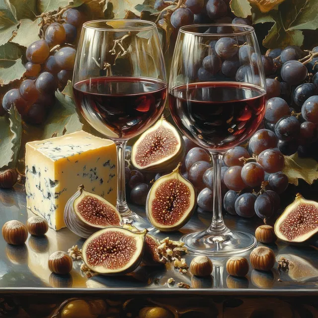 Two glasses of red wine beside blue cheese, sliced figs, grapes, and hazelnuts on a reflective surface with grape leaves behind.