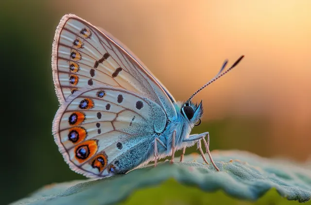 Blue-orange butterfly perched on green leaf, antennae visible, warm bokeh background