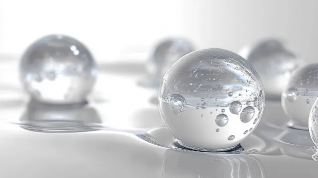 Transparent glass spheres with trapped air bubbles sit on a smooth white reflective surface with soft highlights and reflections.