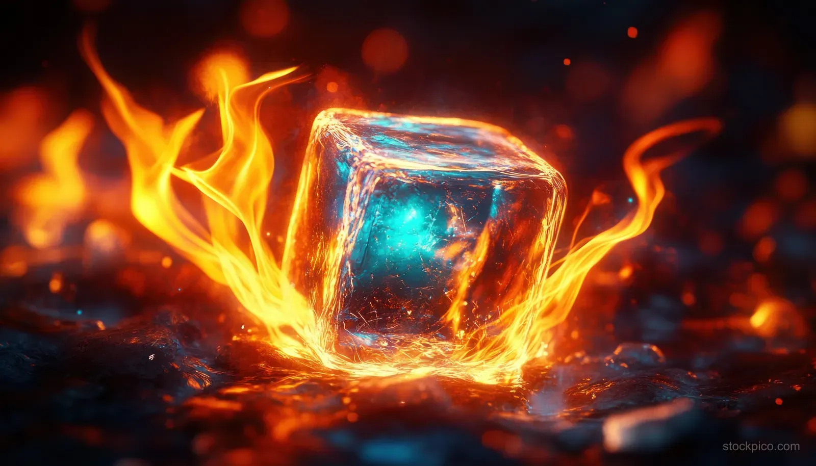 A glowing blue ice cube is surrounded by flickering orange flames on a dark surface.