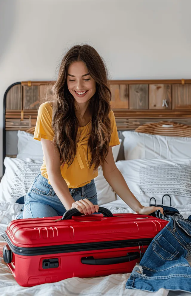 Smiling woman sits on a bed packing a red suitcase at home with clothes and a phone nearby.