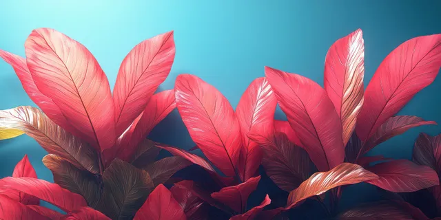 Coral pink palm leaves fan across a blue gradient background with soft lighting and subtle texture.