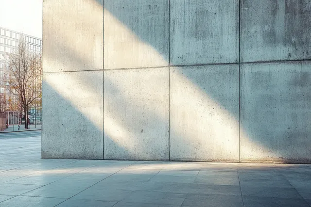 Empty urban courtyard with a minimalist concrete wall, sunlit geometric shadows, and tiled pavement.