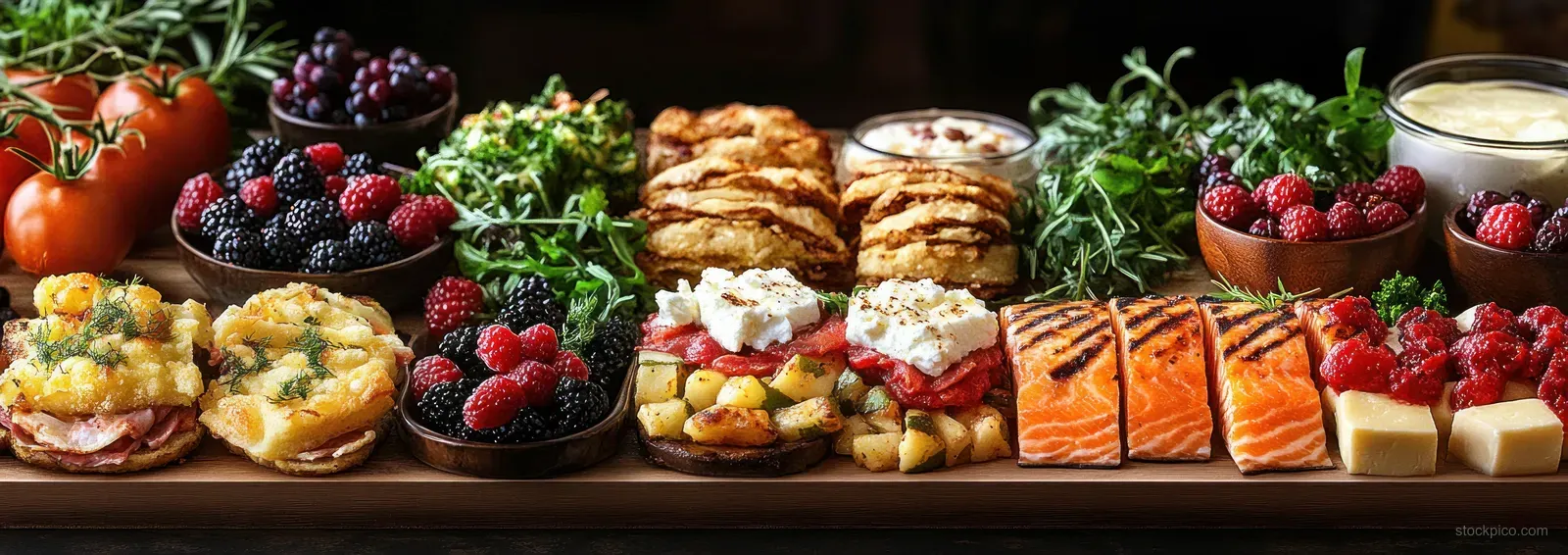 Rustic wooden platter with grilled salmon, berries, cheese cubes, toast, leafy greens, and creamy sauces.