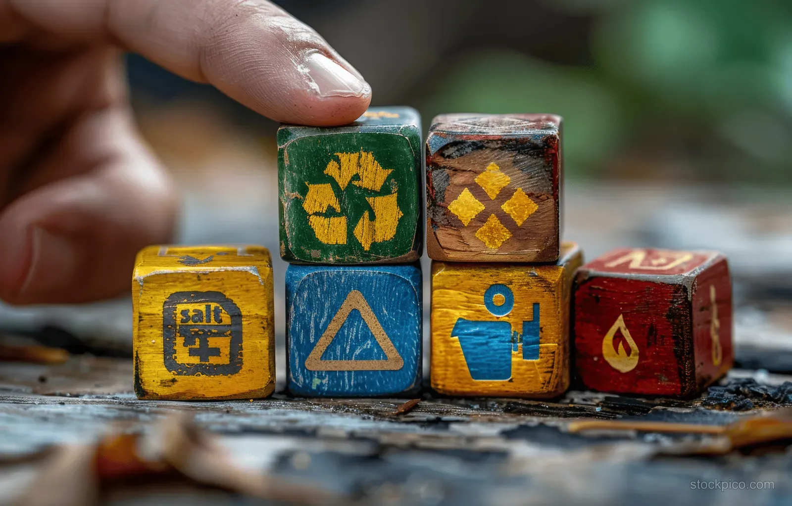 A worker hand arranges hazard warning wooden cubes with chemical, fire, dust, and radioactive symbols on a table.