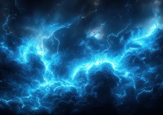 Electric blue lightning bolts and glowing energy arcs illuminate dark storm clouds in a high-contrast sky.